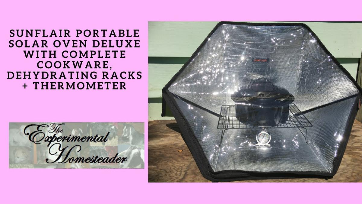 'Video thumbnail for Sunflair Portable Solar Oven Deluxe With Complete Cookware, Dehydrating Racks + Thermometer'