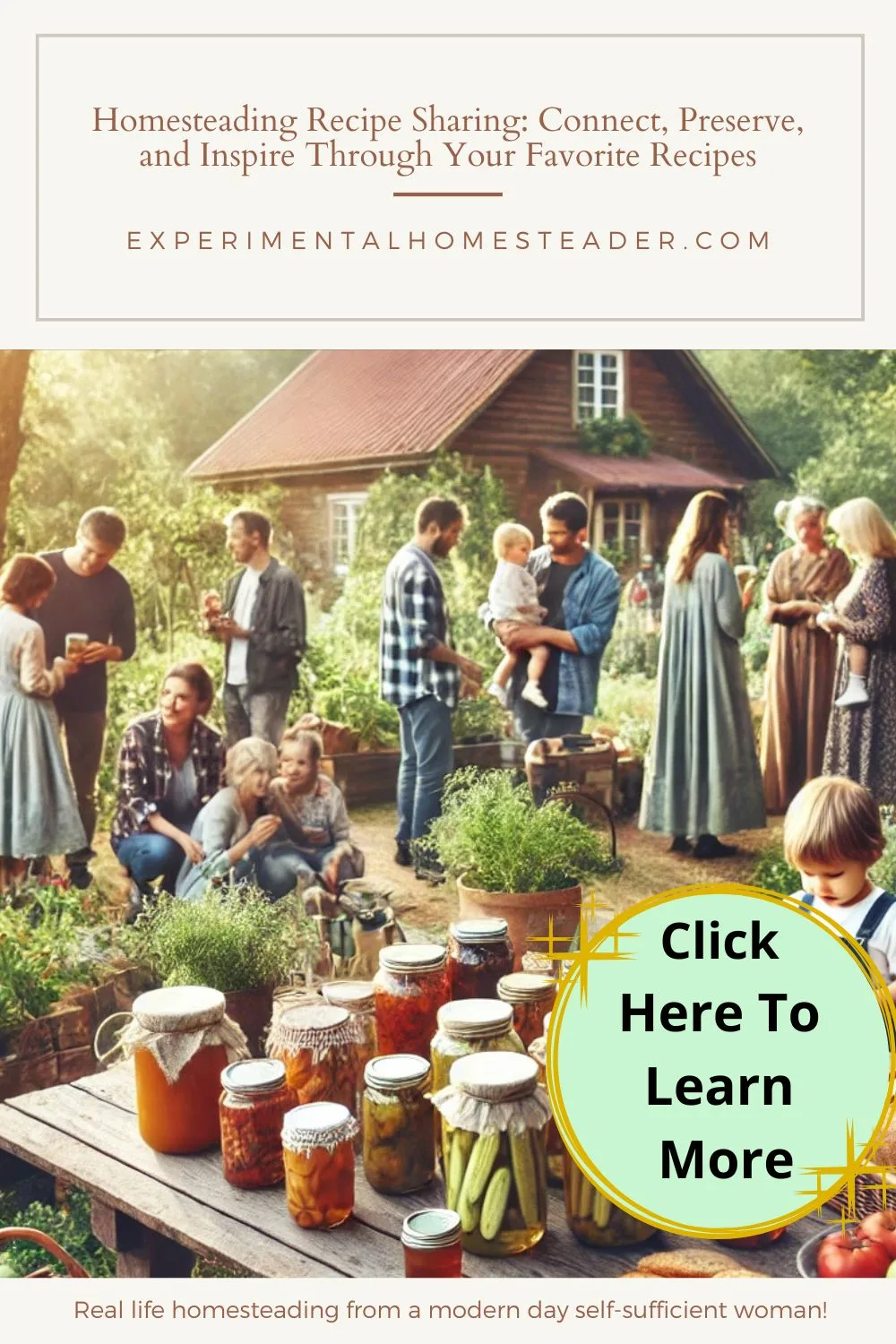 A homestead outdoor gathering where people are exchanging recipes and homemade goods.