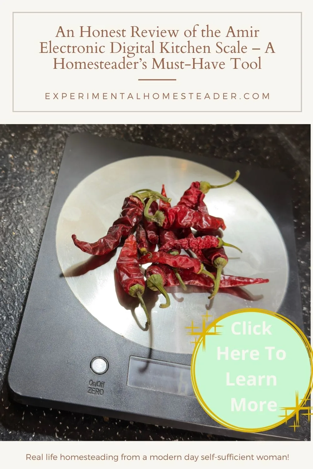 A digital kitchen scale with a stainless steel surface, displaying dried red chili peppers on top. The scale sits on a black countertop with a polished, slightly reflective appearance.