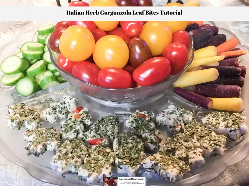 Italian Herb Gorgonzola Leaf Bites with tomatoes and fresh vegetables.
