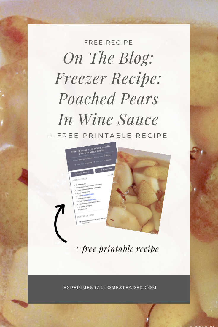 Poached pears in wine sauce.