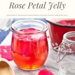 Rose jelly in a jar and in a pan with roses and pectin on the table around the jelly and empty canning jars.