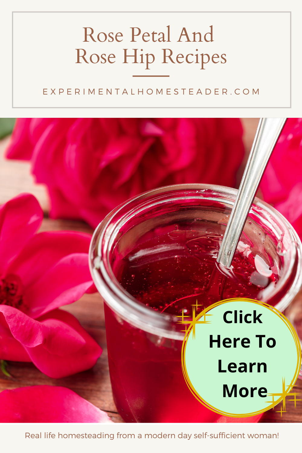 A jar of rose petal jelly opened with a spoon inside and red roses behind it.