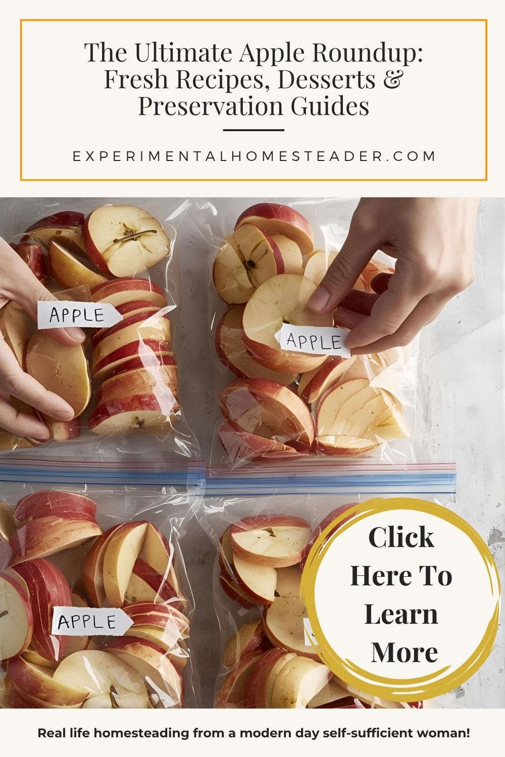 Hands sealing labeled freezer bags filled with freshly sliced apples, ready for freezing on a clean farmhouse countertop.