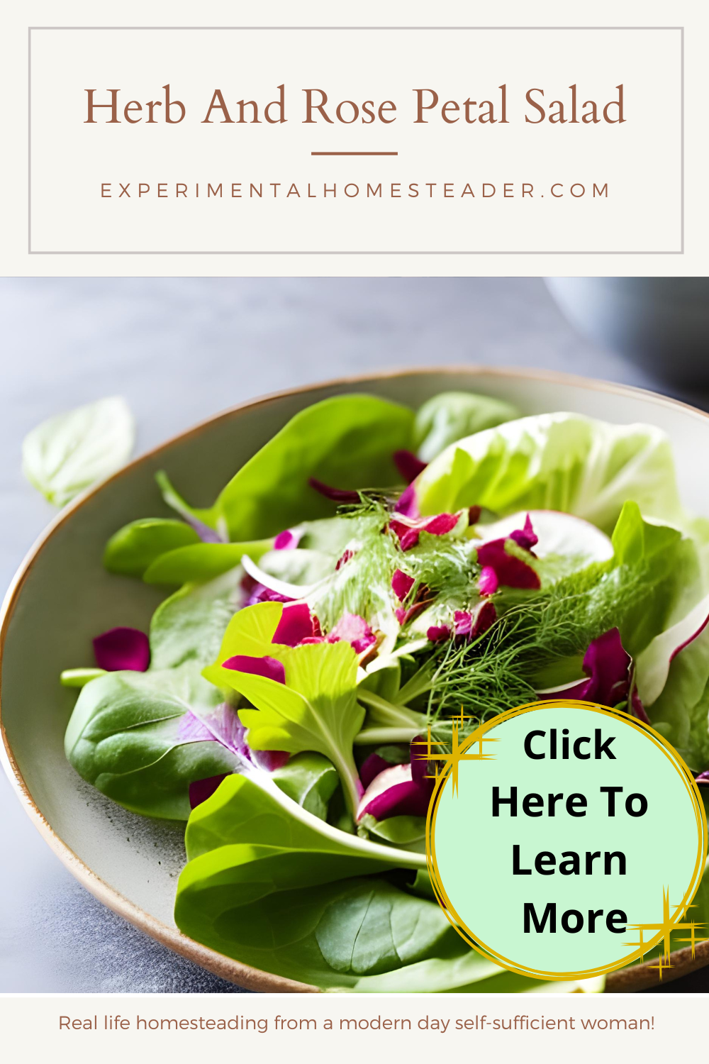 A lettuce salad with rose petals, dill week, and other herbs.