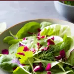 A lettuce salad with rose petals, dill week, and other herbs.