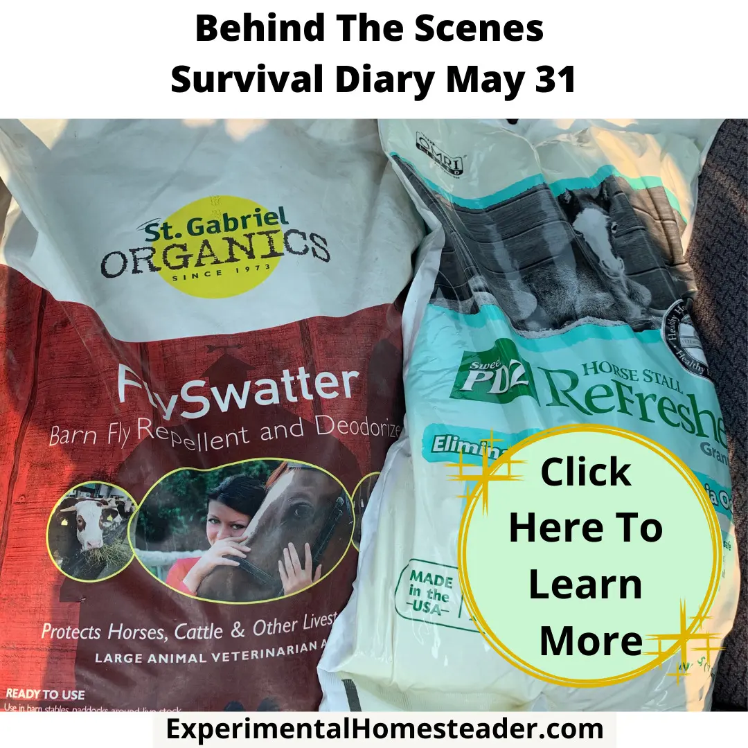 Bags of St. Gabriel Organics FlySwatter and Sweet PDZ Horse Stall Refresher sitting in a vehicle, ready for use on the homestead.