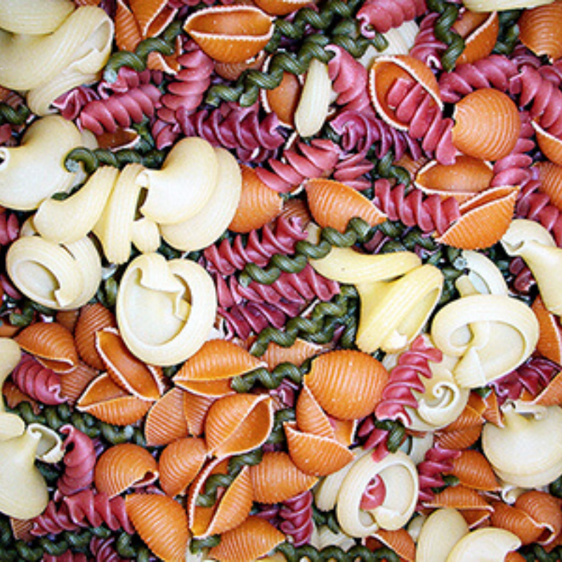 Various types of dried pasta.