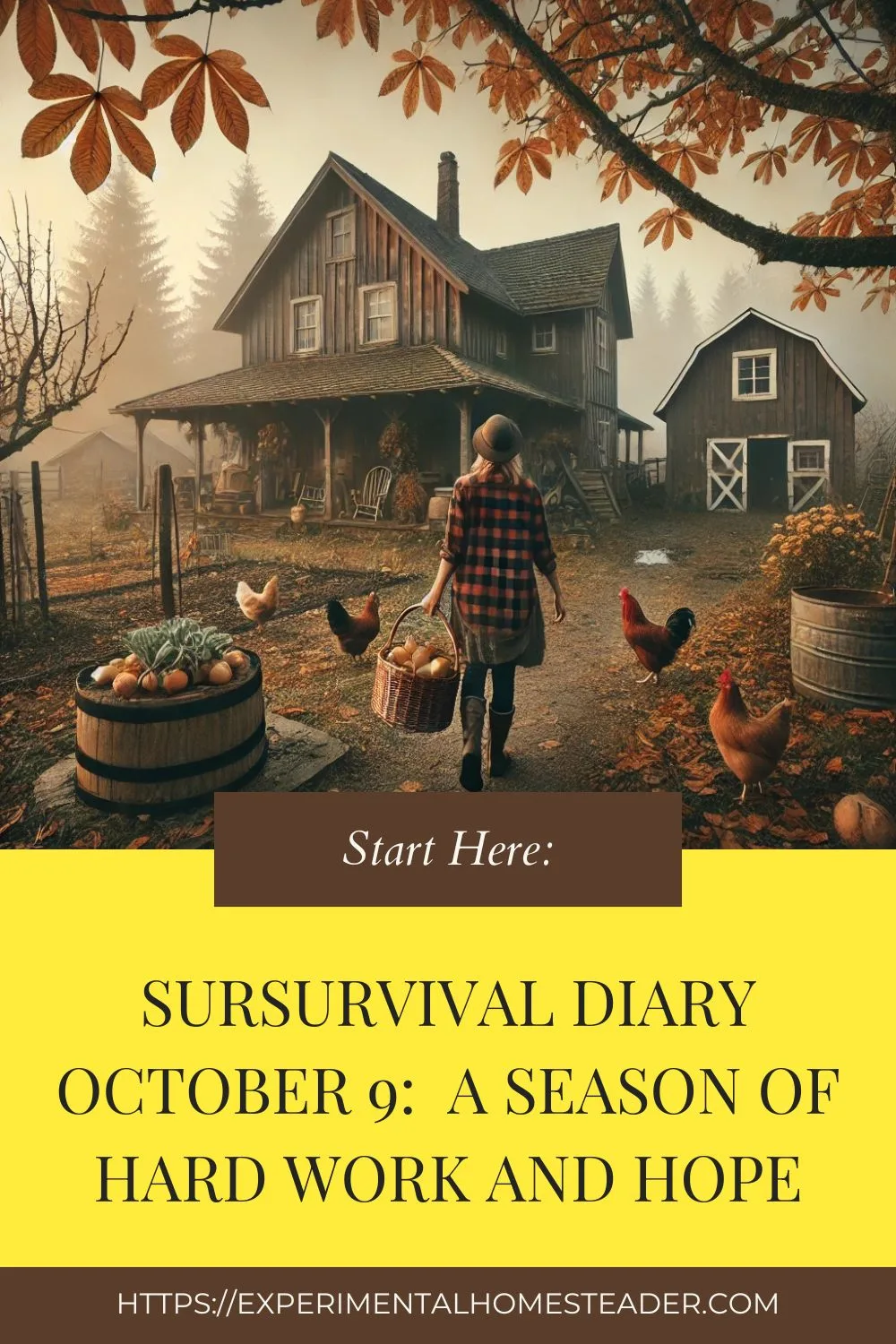 A rustic homestead surrounded by golden autumn leaves with a farmhouse, barn, and a misty morning sky in the background.