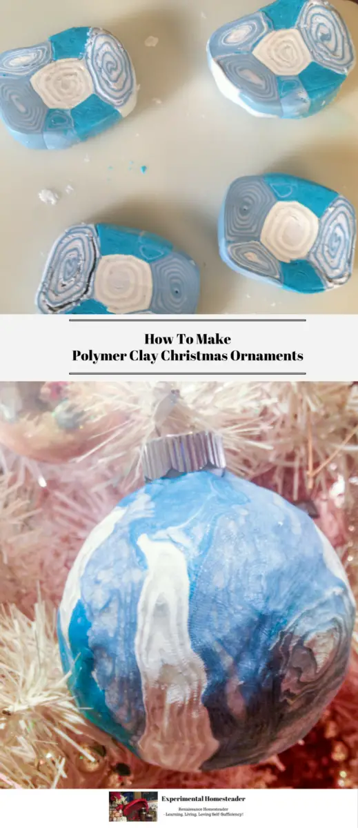 Polymer clay cut into squares followed by the finished polymer clay ornament hanging on a white Christmas tree.