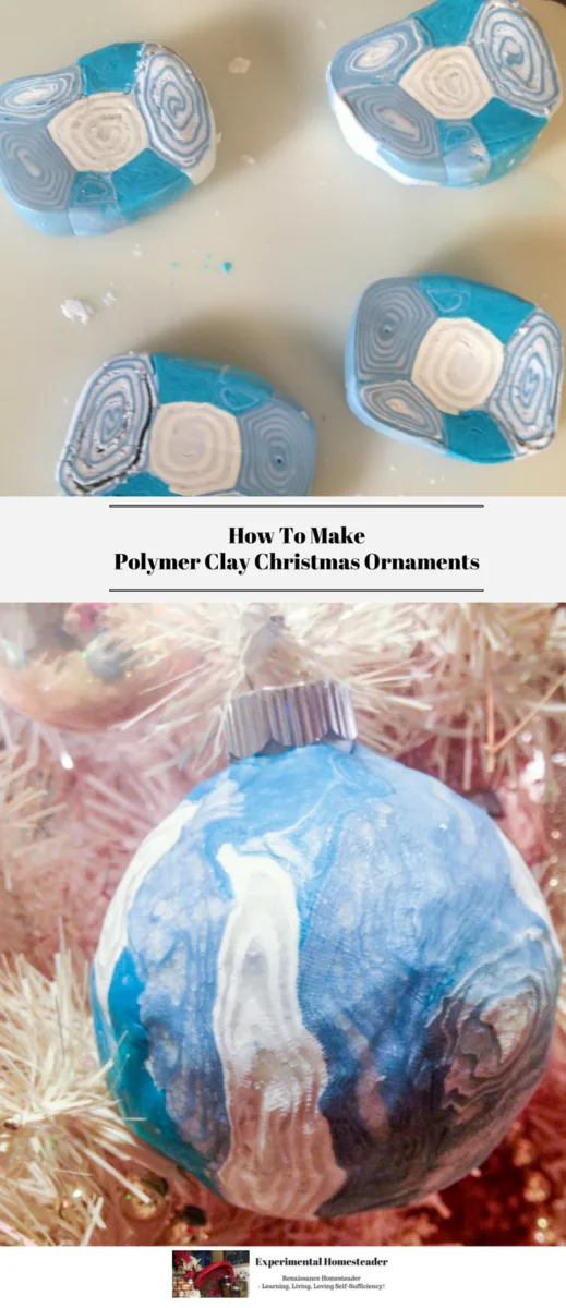 Polymer clay cut into squares followed by the finished polymer clay ornament hanging on a white Christmas tree.