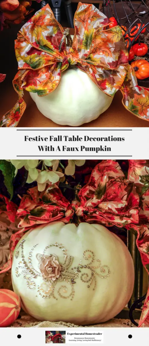 A decorated faux pumpkin.