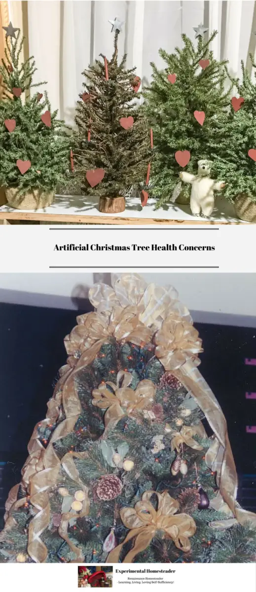 Smaller artificial Christmas trees in the top photo. A large artificial Christmas tree in the bottom photo.