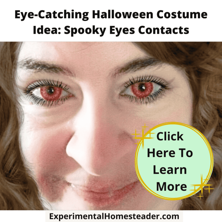Red-eyed Halloween costume, spooky eyes contacts, Halloween makeup, costume accessories, experimental homesteader.