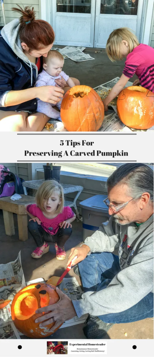 A mother, her daughters and the babies grandfather carving pumpkins.