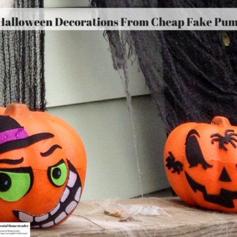 Faux pumpkins decorated with stickers.
