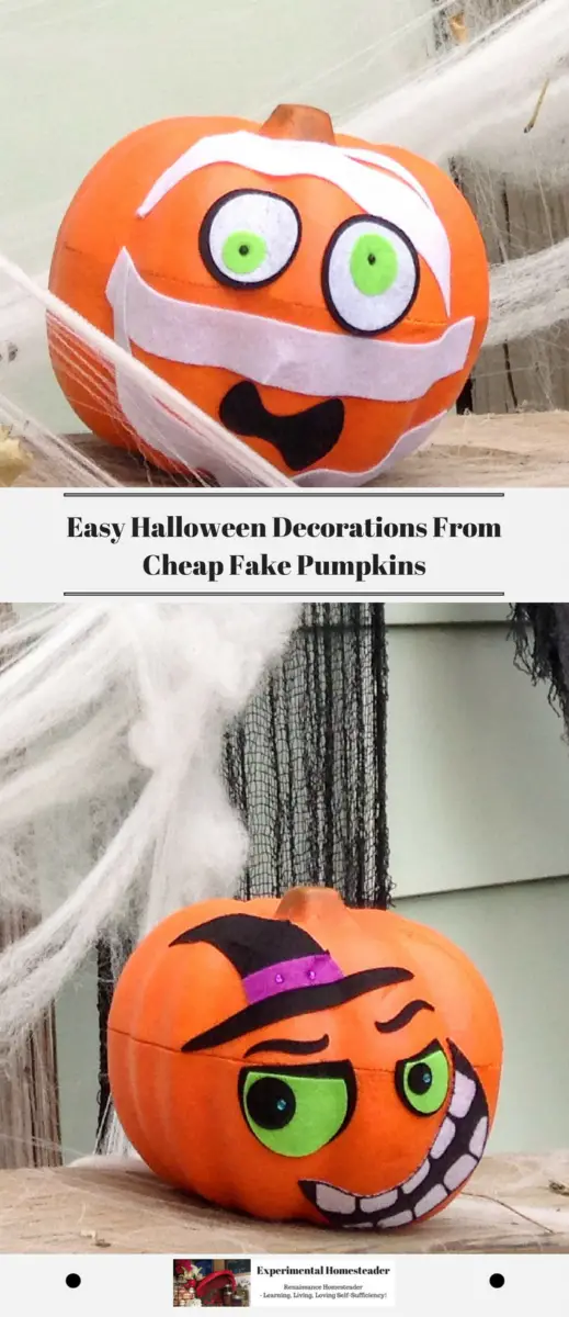 Faux pumpkins decorated with stickers.