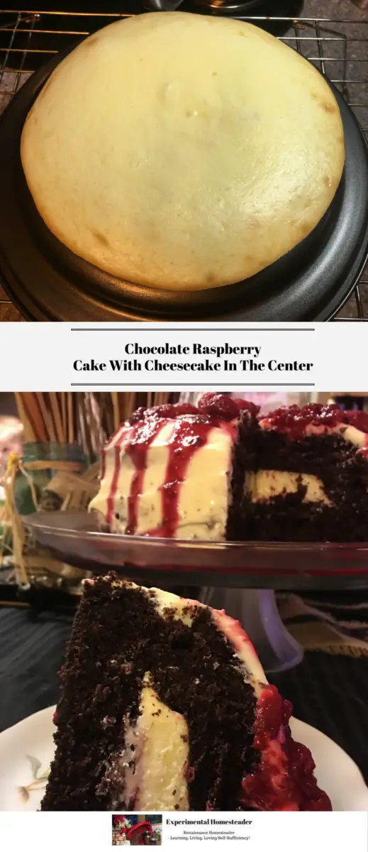 The baked cheesecake in the pan in the top photo. A slice of cheesecake with the entire cheesecake behind it in the bottom photo.