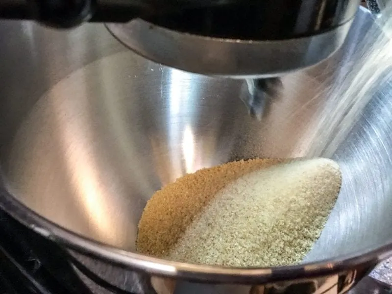 Freshly ground wheat coming out of the Mockmill flour grinding mill.