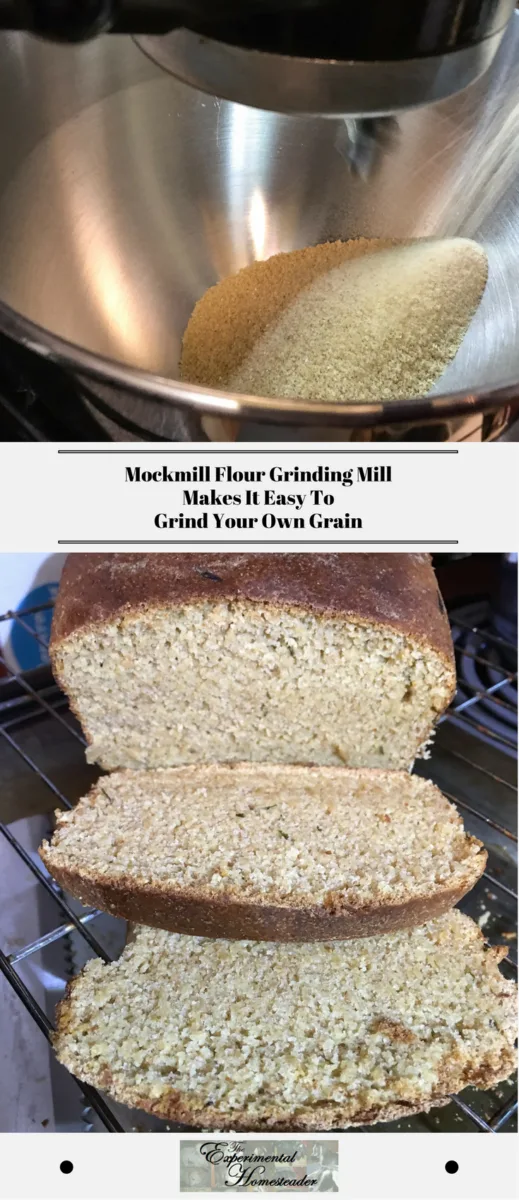 The top photo shows freshly ground wheat coming out of the Mockmill flour grinding mill. The bottom photo shows a loaf of fresh baked sliced bread.