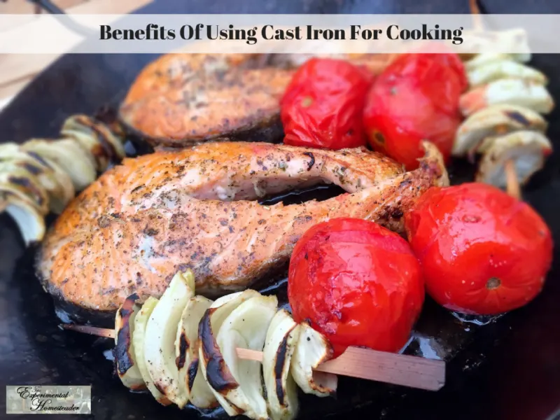 Food cooking in cast iron cookware.