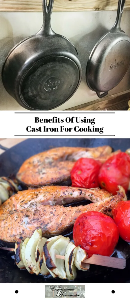 The top photo shows cast iron cookware hanging on a wall. The bottom photo shows food cooking in cast iron cookware.