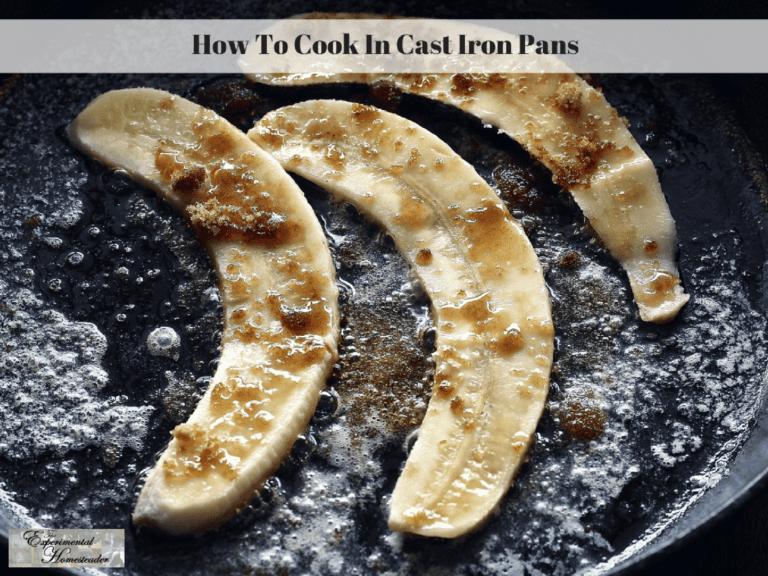Crispy banana slices cooking in cast iron pan.