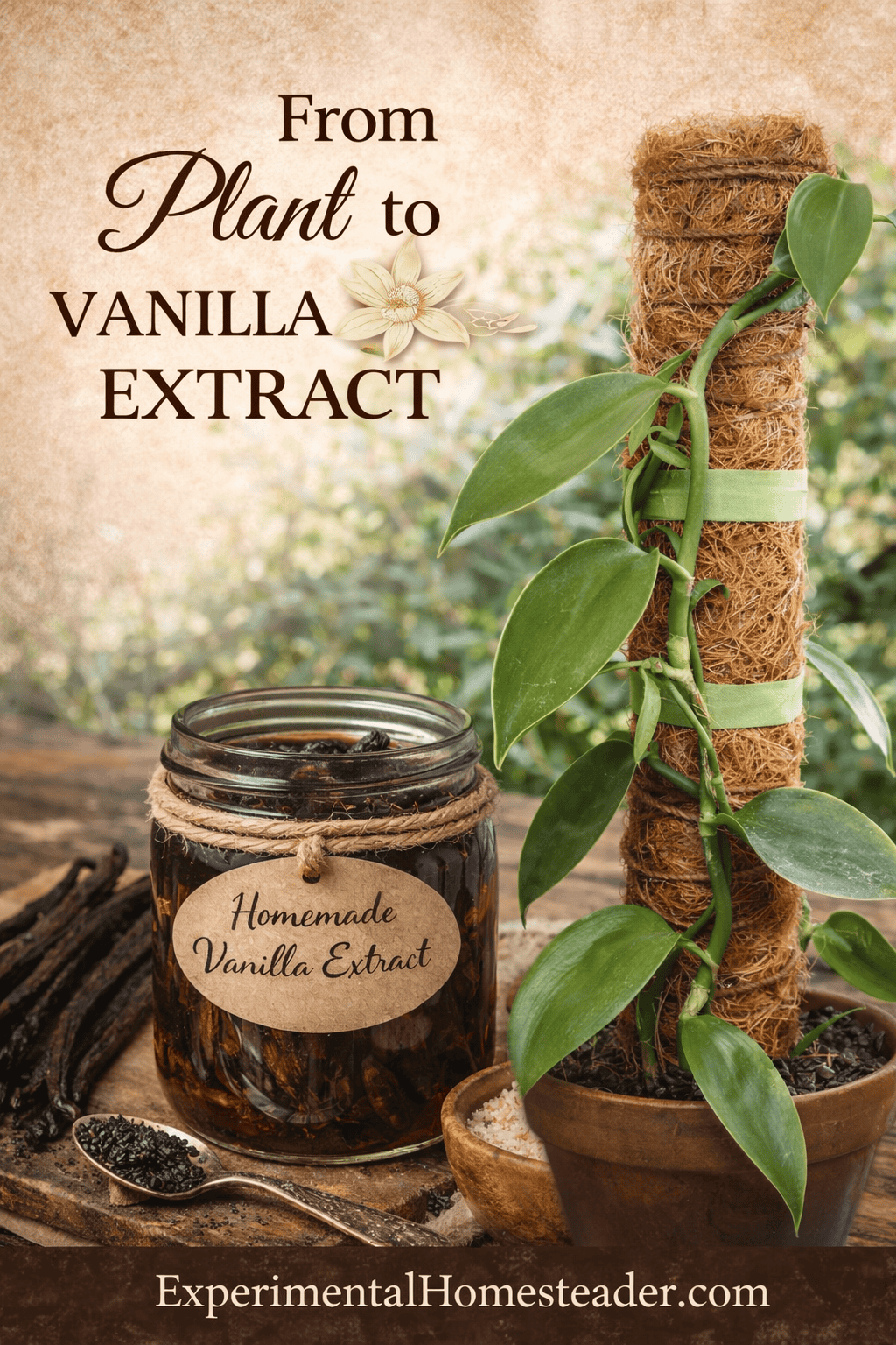 Vanilla bean plant growing on a moss pole next to a jar of homemade vanilla extract
