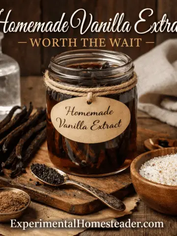 Homemade vanilla extract made with real vanilla beans in a glass jar on a rustic wooden surface