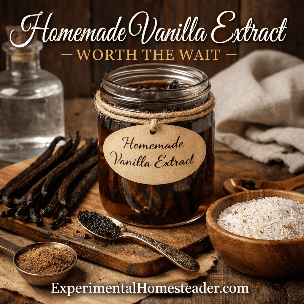 Homemade vanilla extract made with real vanilla beans in a glass jar on a rustic wooden surface