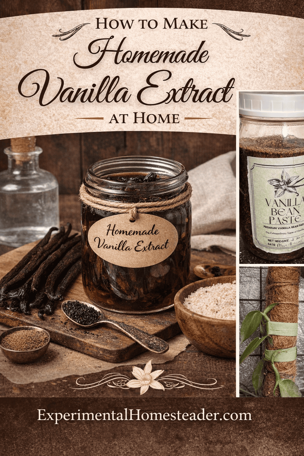 Homemade vanilla extract at home made with vanilla beans and vodka in a glass jar
