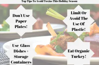 Food in the background with the four main tips to avoid toxins tis holiday season highlighted.
