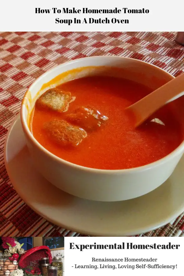 A bowl of freshly made tomato soup with croutons in a bowl on a table.