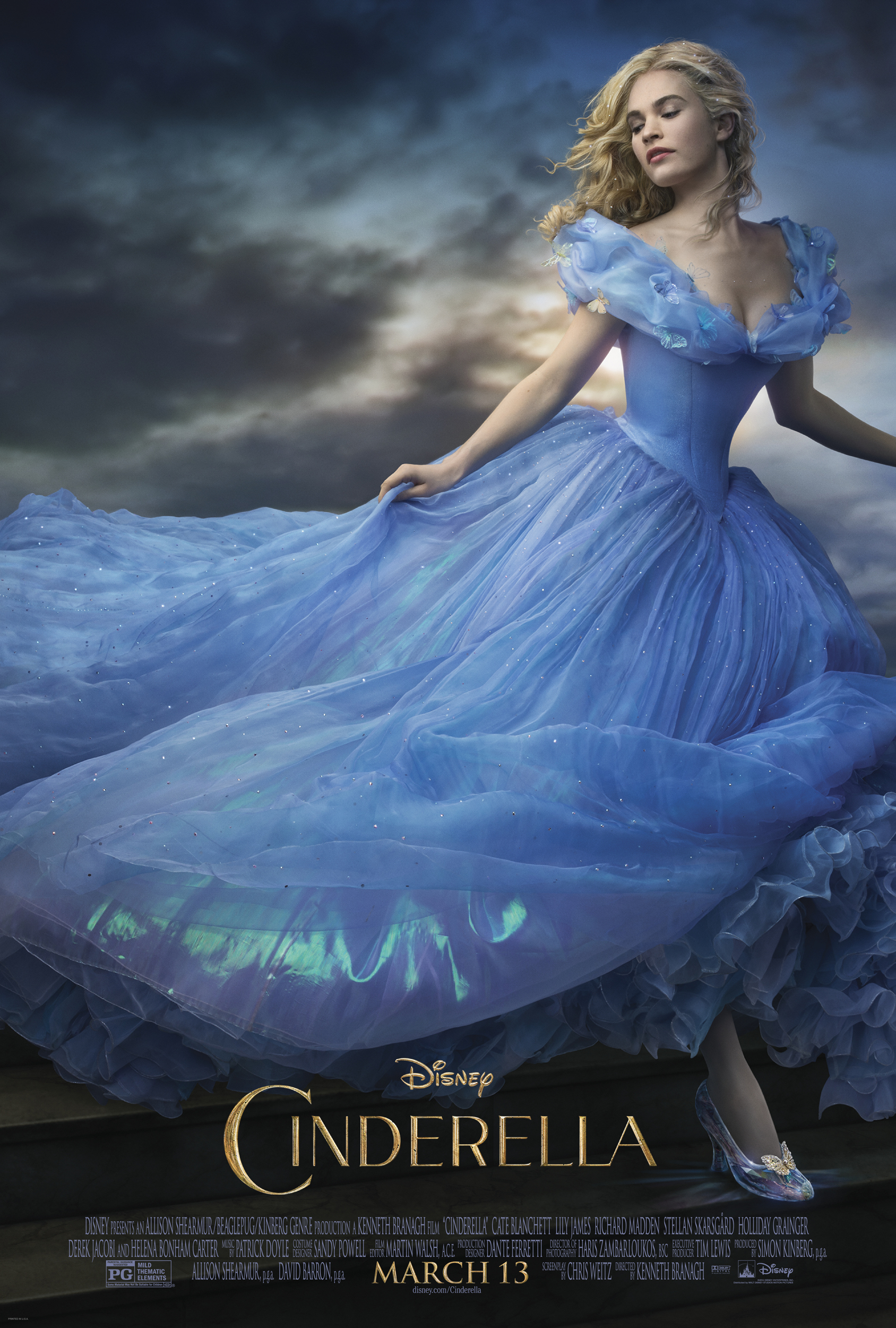 Disney’s live-action Cinderella movie poster featuring Cinderella in a sparkling blue gown.