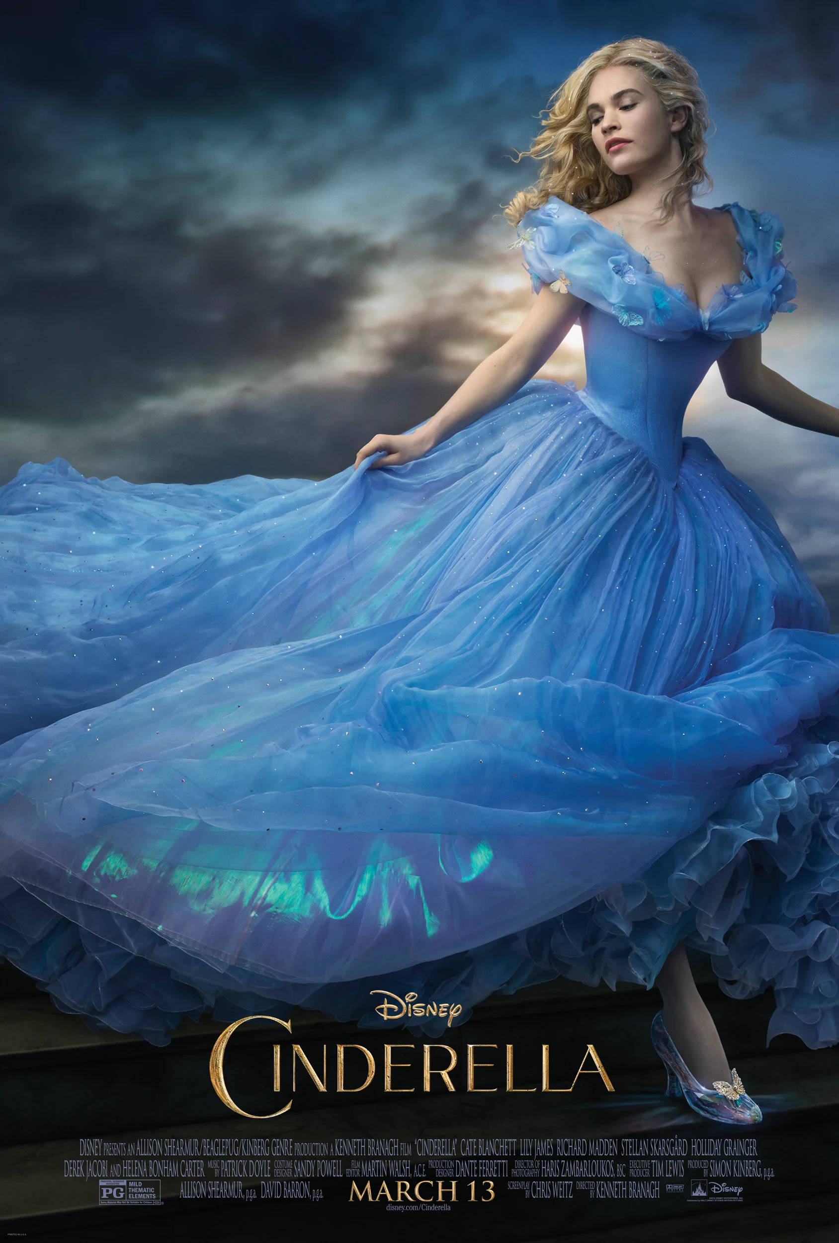 Disney’s live-action Cinderella movie poster featuring Cinderella in a sparkling blue gown.