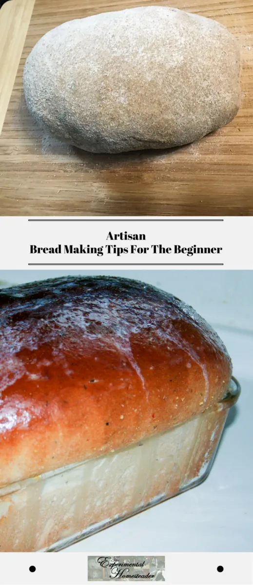 The top photo shows the bread dough resting on a butcher block. The bottom photo shows the loaf of baked bread.