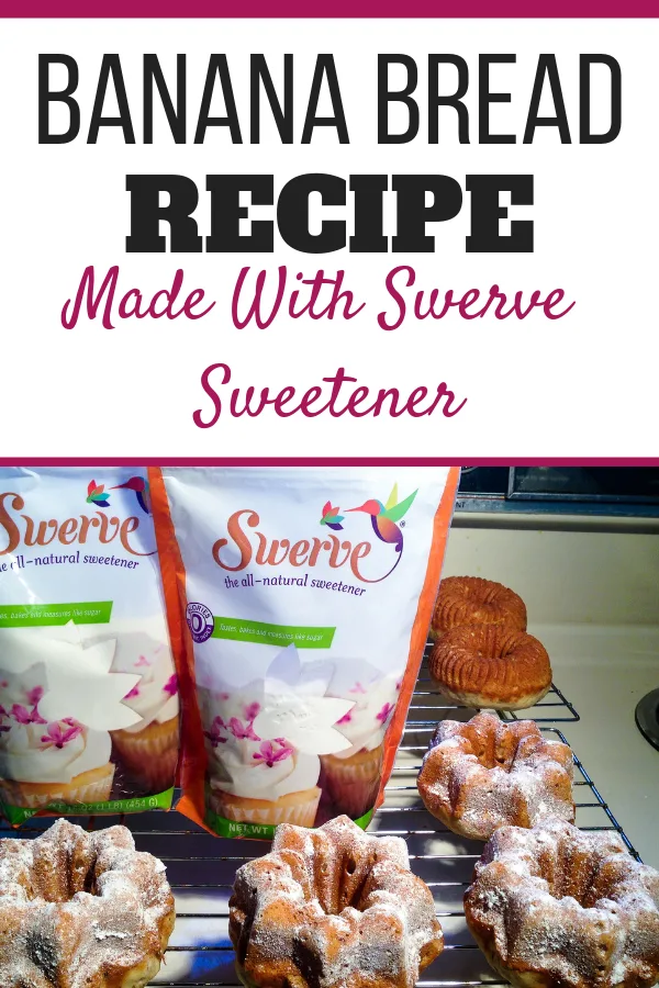 Photos of the baked banana bread along with the packages of Swerve Confectioners Sugar.