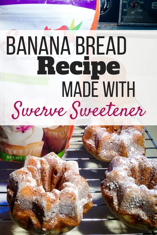 Photos of the baked banana bread along with the packages of Swerve Confectioners Sugar.