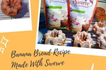Photos of the baked banana bread along with the packages of Swerve Confectioners Sugar.