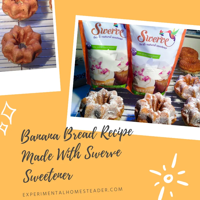 Photos of the baked banana bread along with the packages of Swerve Confectioners Sugar.