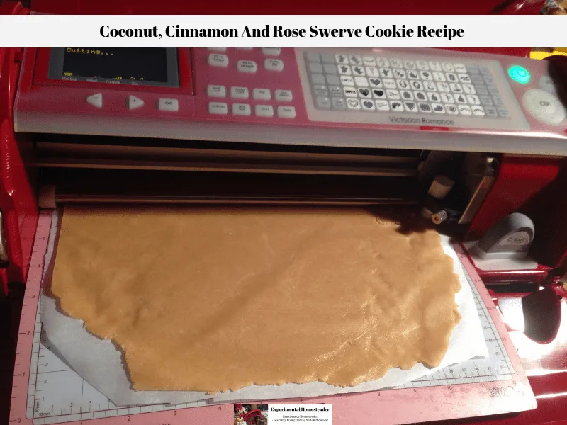 The rolled out dough for the Swerve cookie recipe being cut by the Cricut Cake.