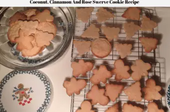 The baked Swerve cookie recipe cooking on a wire rack with some of the cooled cookies resting on a cake plate waiting to be decorated.