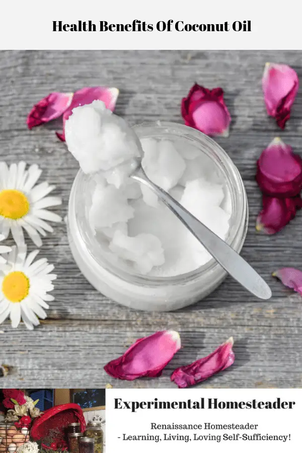 A jar of coconut oil with a spoonful laying on top of the jar. Daisies and rose petals are laying on the table around the edge of the jar of coconut oil.