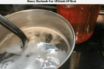 Honey in a quart jar and honey brine in a saucepan.