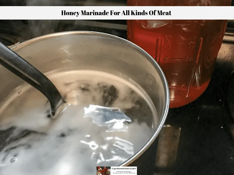 Honey in a quart jar and honey brine in a saucepan.