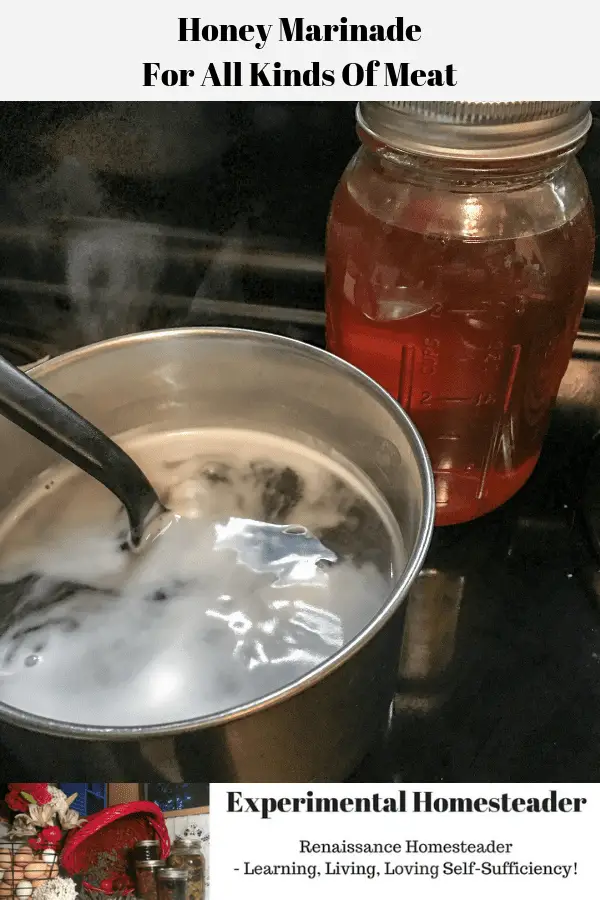 Honey in a quart jar and honey brine in a saucepan.