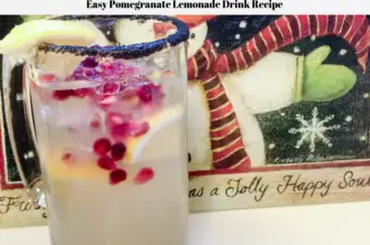 A glass filled with this easy pomegranate lemonade drink recipe.
