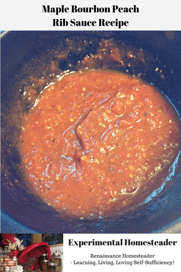 The maple bourbon peach rib sauce recipe in a cast iron melting pot.
