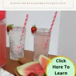 Strawberries, watermelon and basil on a cutting board with a pitcher of fruit infused water and two glasses behind. One glass is filled with ice and some of the fruit flavored water. The other glass is filled with ice.