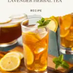 Ice tea in a pitcher and in a glass with ice, lemon slices and lemon balm.